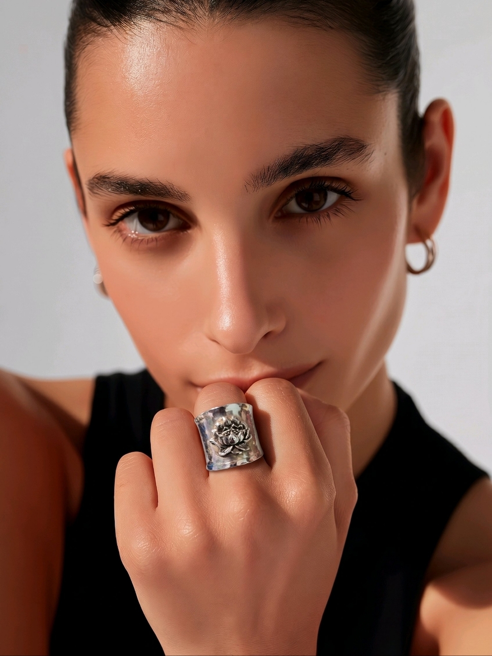 Soulful Lotus Motif 925 Silver Ring Size 6.5